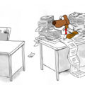 Cartoon dog with long list and cartoon cat looking smug with clean desk