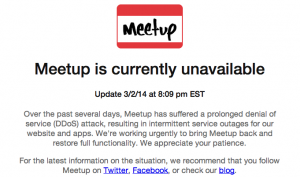 Screenshot indicating Meetup.com was down because of DDos attack.